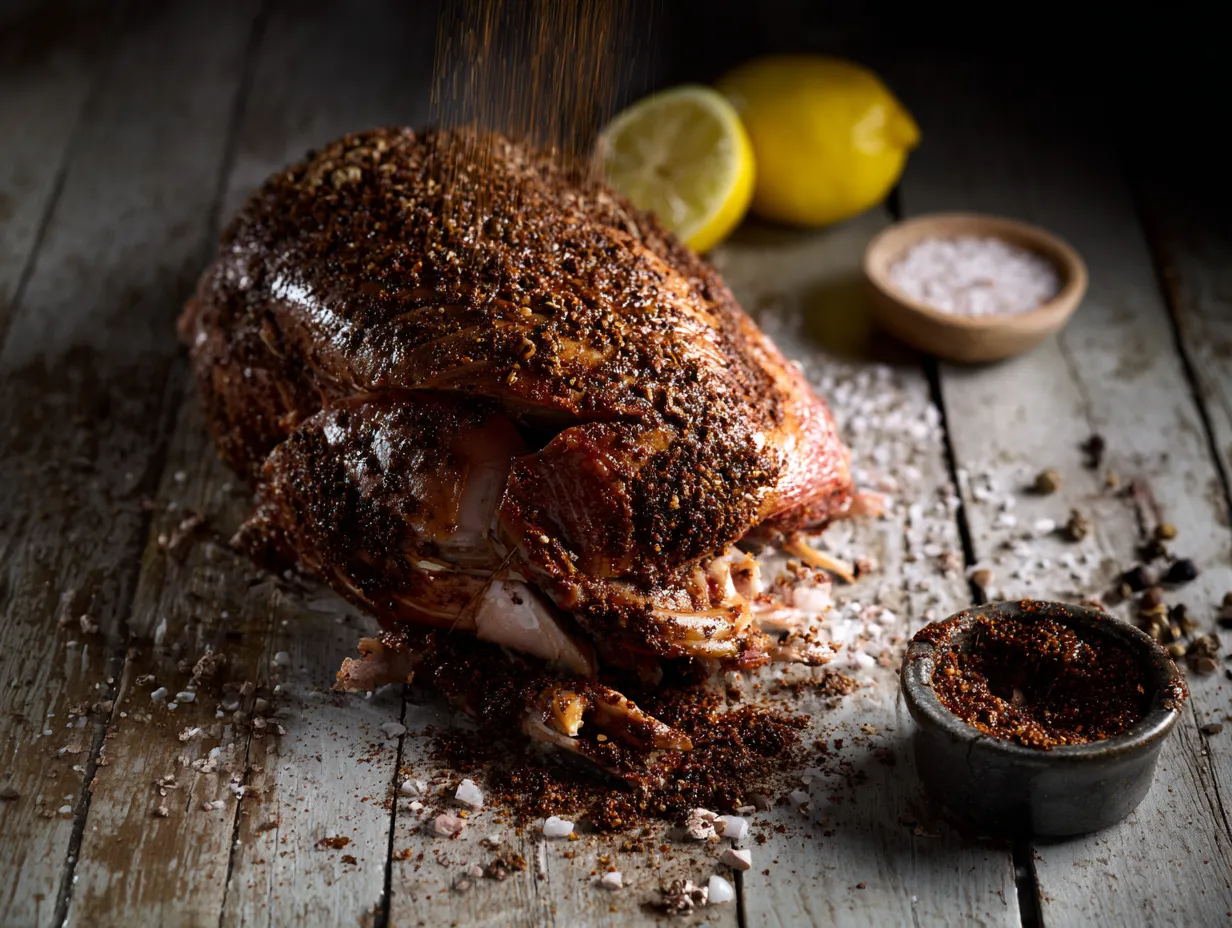 Roast Turkey with Moroccan Spice Rub: Amazing Feast! 4 Detailed, close-up view of a turkey breast being prepared, showing rich Moroccan Spice Rub applied directly to the meat beneath the skin, a key technique for ensuring a juicy spice-rubbed turkey and maximum flavor infusion.