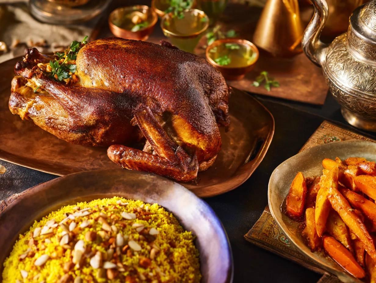 Roast Turkey with Moroccan Spice Rub: Amazing Feast! 6 A complete Moroccan-inspired feast table setting, featuring sliced Roast Turkey with Moroccan Spice Rub next to Saffron Couscous and honey-glazed carrots, illustrating the perfect holiday main course pairings.