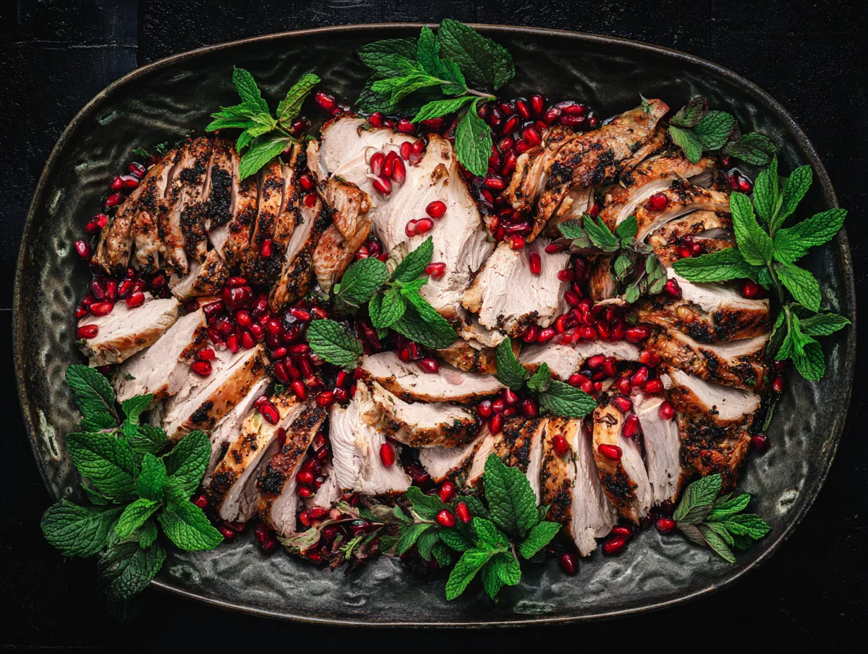 Roast Turkey with Moroccan Spice Rub: Amazing Feast! 7 A stunning platter of perfectly sliced, juicy Roast Turkey with Moroccan Spice Rub, garnished with bright pomegranate seeds and fresh herbs, ready to serve as the holiday main course.