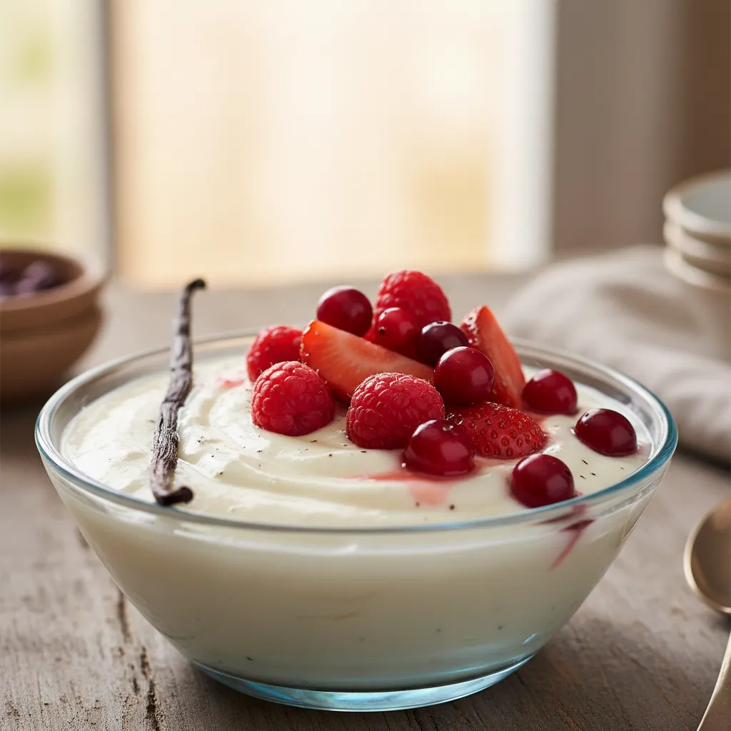 Raib with red berries and vanilla: Instantly Amazing 4 A close-up of creamy, vanilla-infused Moroccan Raib yogurt, topped with a vibrant medley of fresh red berries, in a clear glass bowl on a rustic surface.
