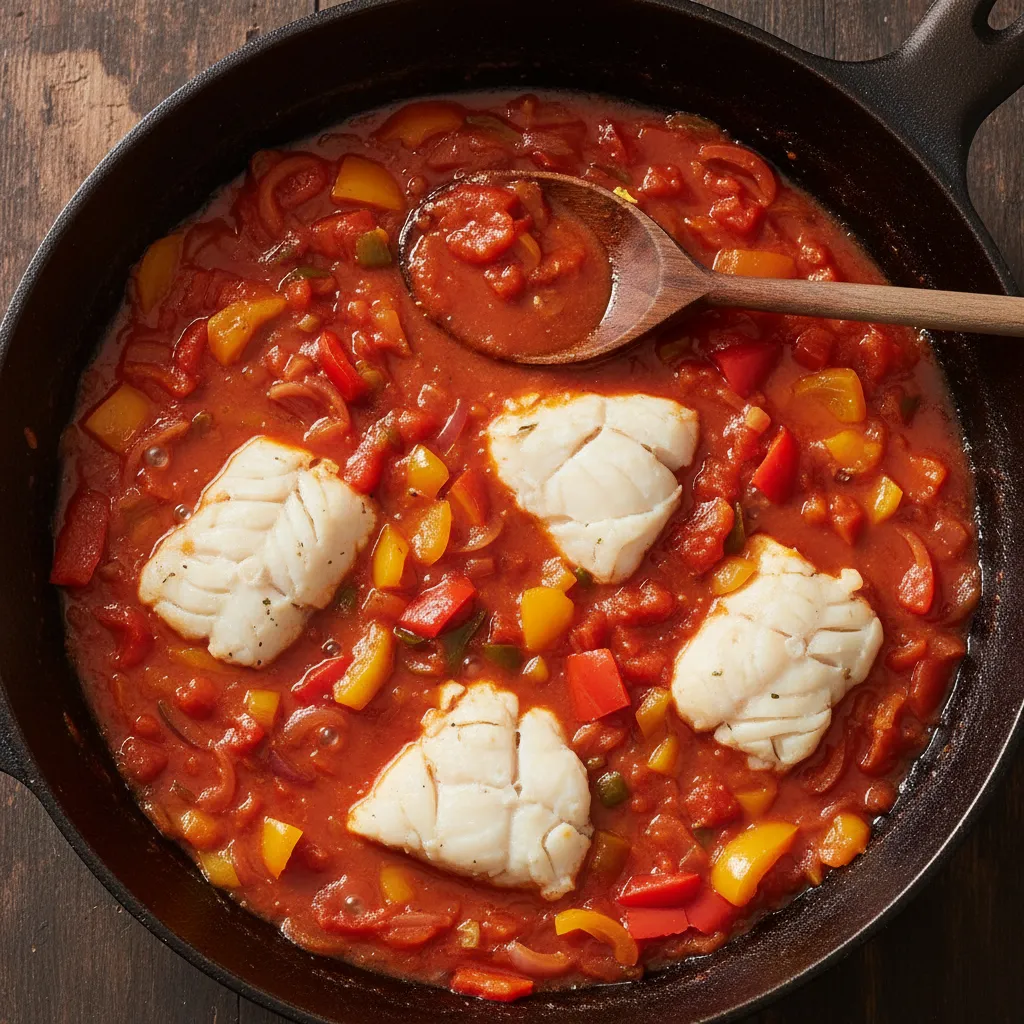 Moroccan Spiced Fish Fillets and Bell Peppers Tagine : Amazing Delight 5 Close-up of white fish fillets and colorful bell peppers gently simmering in a rich Moroccan spiced tomato sauce in a pan.