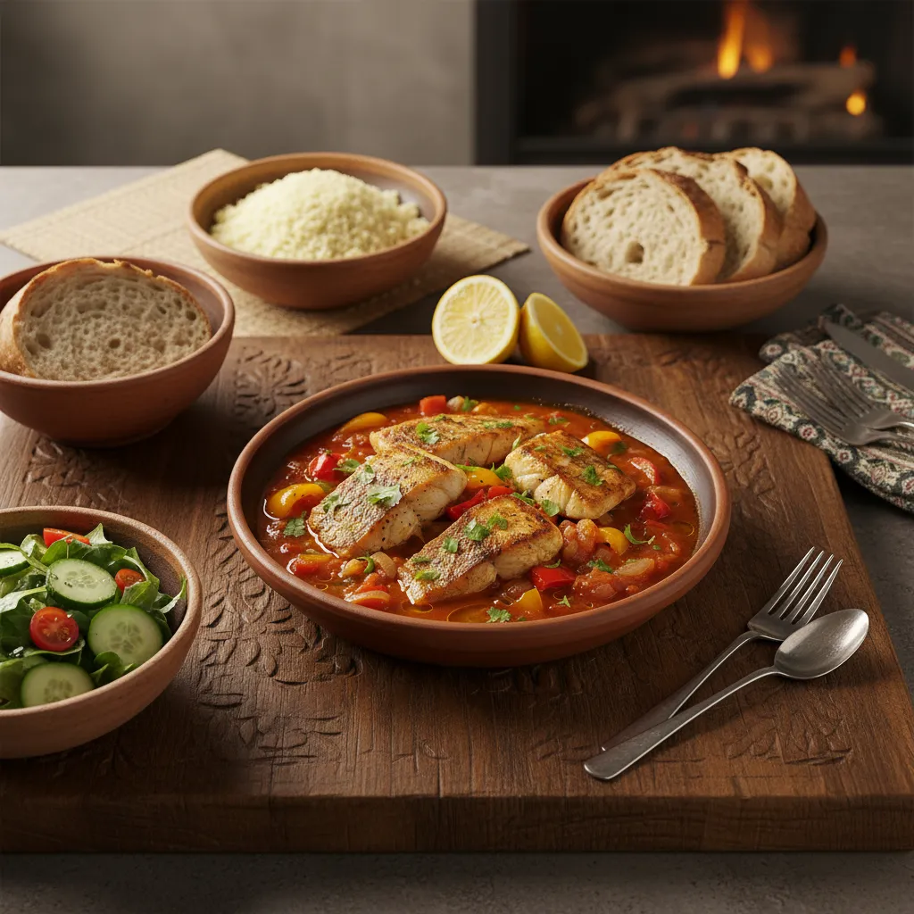 Moroccan Spiced Fish Fillets and Bell Peppers Tagine : Amazing Delight 6 A complete meal of Moroccan spiced fish fillets and bell peppers with side dishes of couscous, bread, and salad on a warmly lit dinner table.
