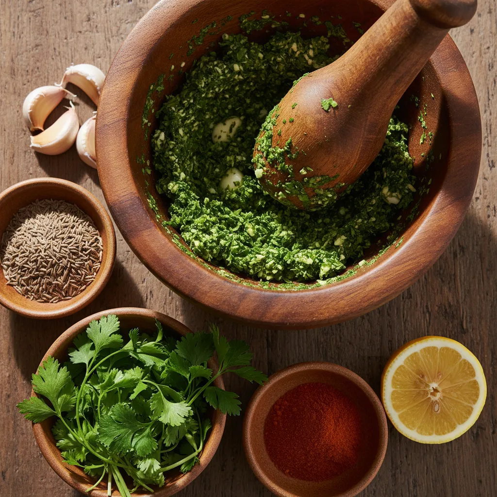 Moroccan Spiced Fish Fillets and Bell Peppers Tagine : Amazing Delight 4 Close-up of vibrant green Chermoula marinade, the essential Moroccan sauce for spiced fish, being prepared with fresh herbs and spices.