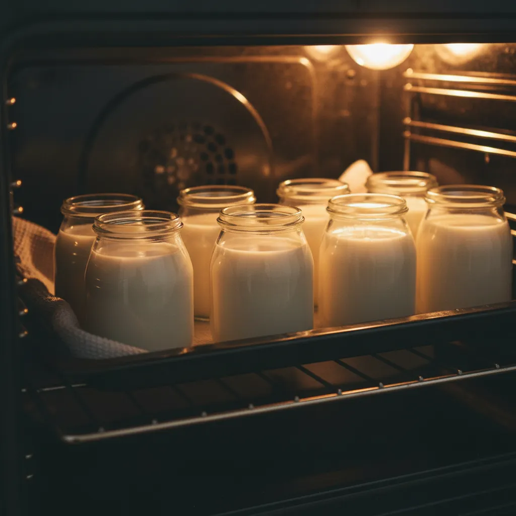Raib with red berries and vanilla: Instantly Amazing 6 Small glass jars filled with the Raib milk and culture mixture placed inside a warm, turned-off oven for the traditional Moroccan homemade yogurt setting process.