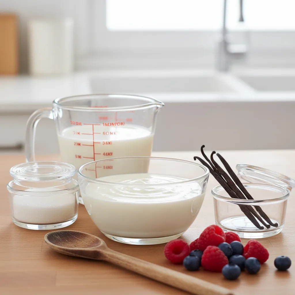 Raib with red berries and vanilla: Instantly Amazing 5 A flat-lay photo showing the essential ingredients for homemade Moroccan Raib, including whole milk, live culture yogurt, vanilla extract, and fresh red berries, on a kitchen counter.