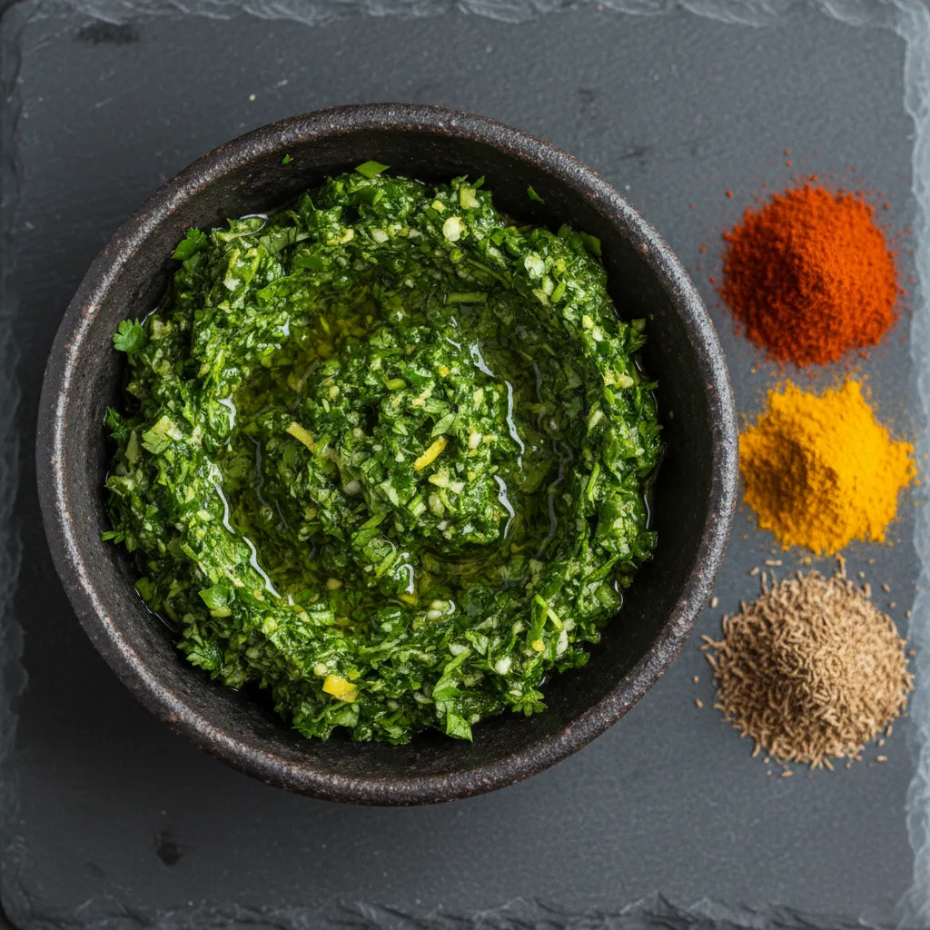 Moroccan Herb Stuffed Chicken: The Ultimate Delicious Meal 3 A dark rustic bowl filled with green chermoula, a Moroccan herb paste, sitting next to small piles of cumin, paprika, and turmeric spices on a slate background.