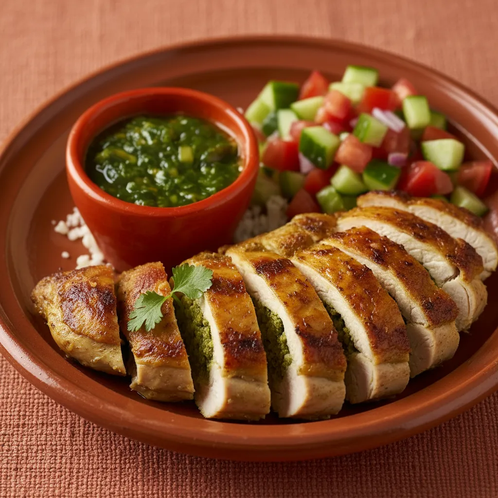 Moroccan Herb Stuffed Chicken: The Ultimate Delicious Meal 7 A complete dinner plate featuring carved slices of Moroccan herb stuffed chicken, a serving of fluffy couscous, and a fresh tomato and cucumber salad.