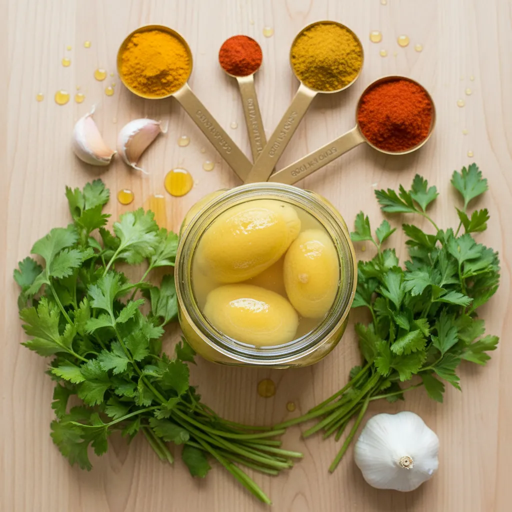 Moroccan Herb Stuffed Chicken: The Ultimate Delicious Meal 4 Flat lay of ingredients for Moroccan chicken, including fresh cilantro and parsley, whole garlic, golden spices, and a jar of preserved lemons on a wooden cutting board.
