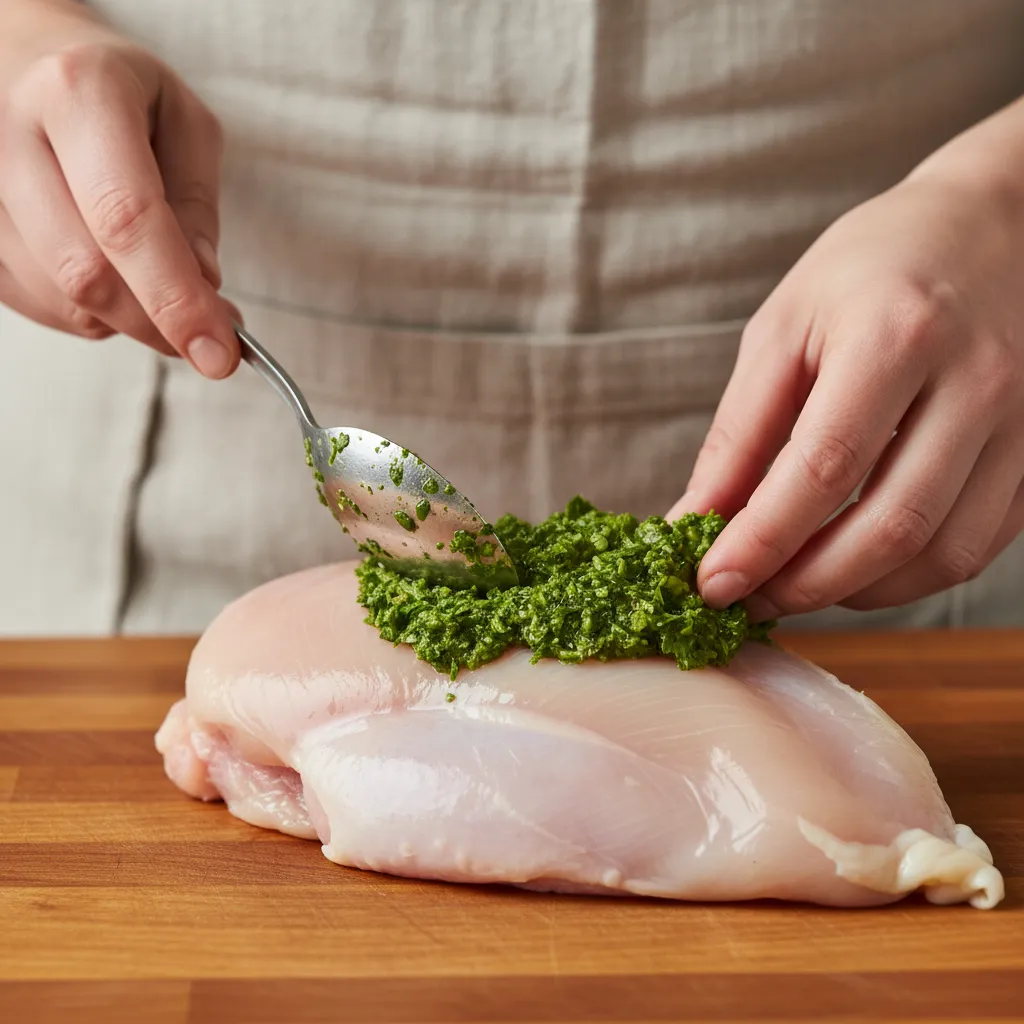 Moroccan Herb Stuffed Chicken: The Ultimate Delicious Meal 5 A close-up showing a chef's hands gently pushing green Moroccan chermoula paste under the skin of a raw whole chicken, preparing the herb stuffed chicken for roasting.