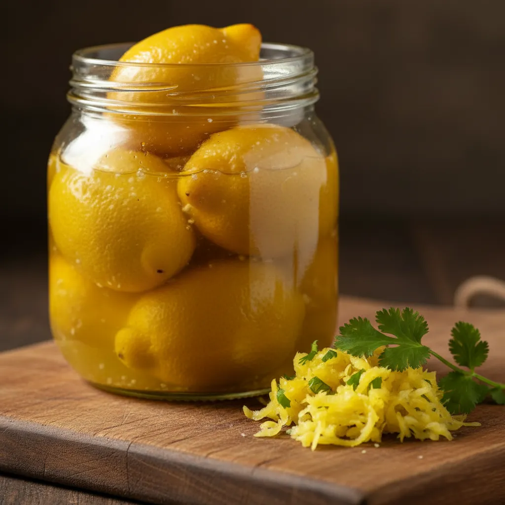 Moroccan Herb Stuffed Chicken: The Ultimate Delicious Meal 6 A jar of preserved lemons next to a small pile of minced lemon rind and fresh cilantro, highlighting the key Moroccan ingredient for the chermoula stuffing.