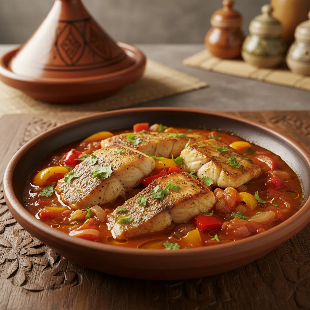 Moroccan Spiced Fish Fillets and Bell Peppers Tagine : Amazing Delight 3 Moroccan spiced fish fillets with bell peppers in a vibrant tomato sauce, garnished with cilantro.