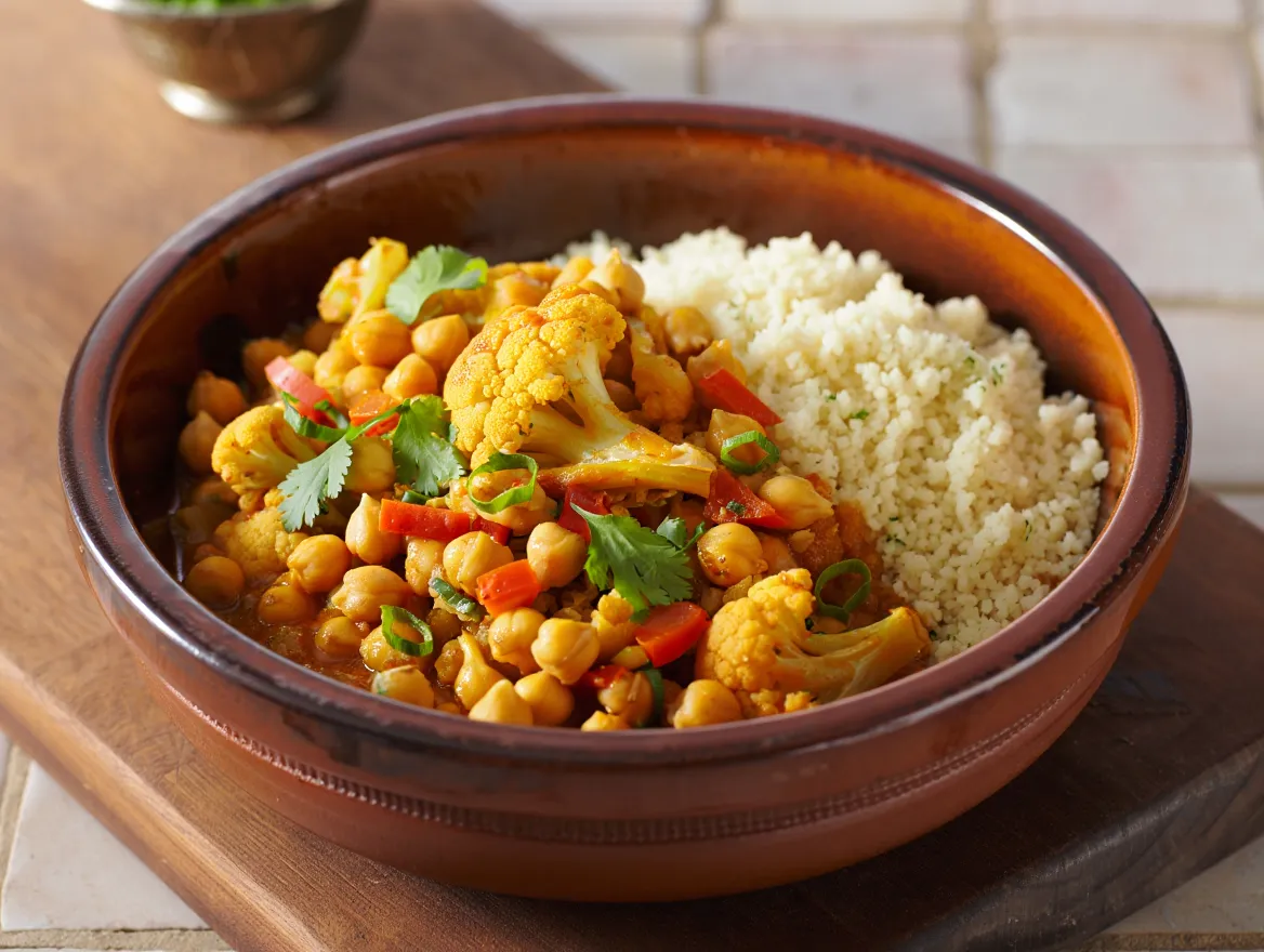Featured image: A vibrant, richly spiced bowl of Lemon Cauliflower and Chickpeas Tagine served over couscous, ready to eat.