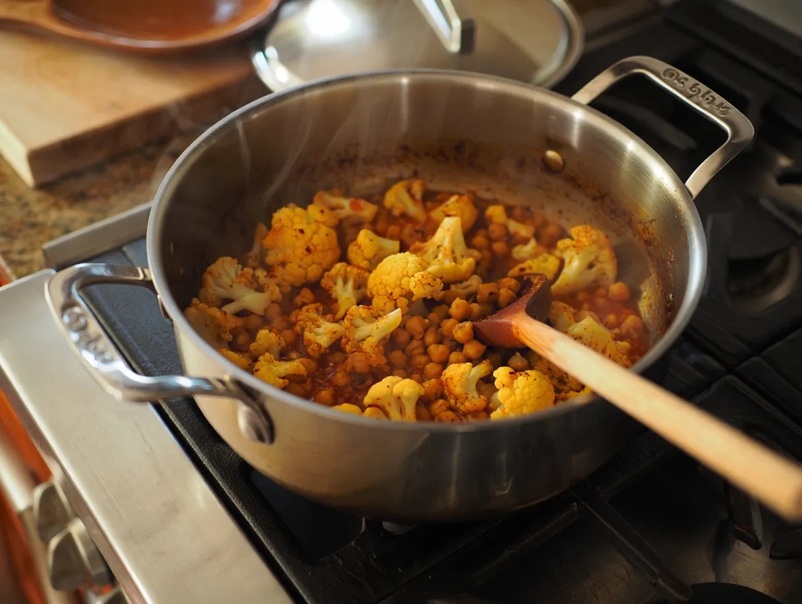 A large Dutch oven on a stovetop with a Lemon Cauliflower and Chickpeas Tagine simmering inside, showing the golden-yellow sauce coating the cauliflower and chickpeas.