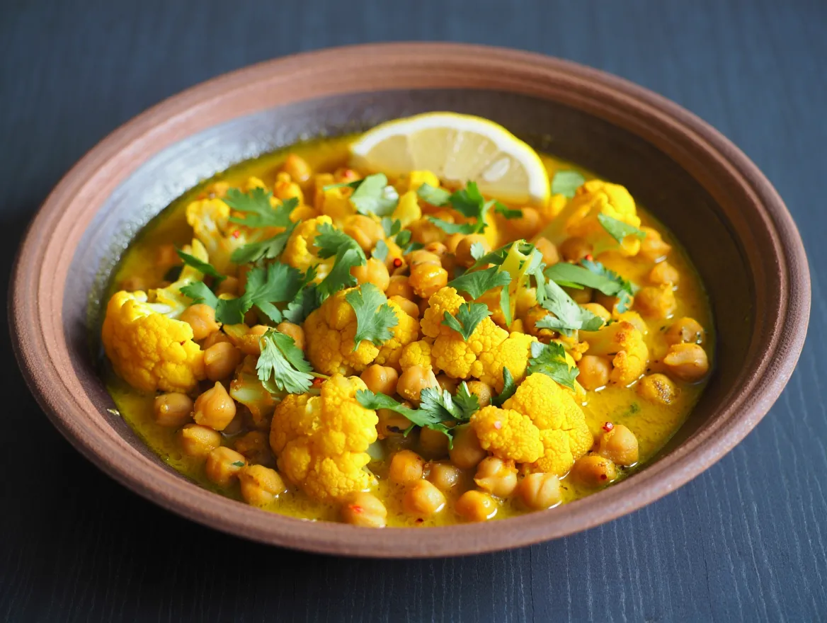 A close-up overhead view of a rustic bowl filled with a vibrant Lemon Cauliflower and Chickpeas Tagine, showing tender cauliflower, chickpeas, and a bright lemon wedge on the side.