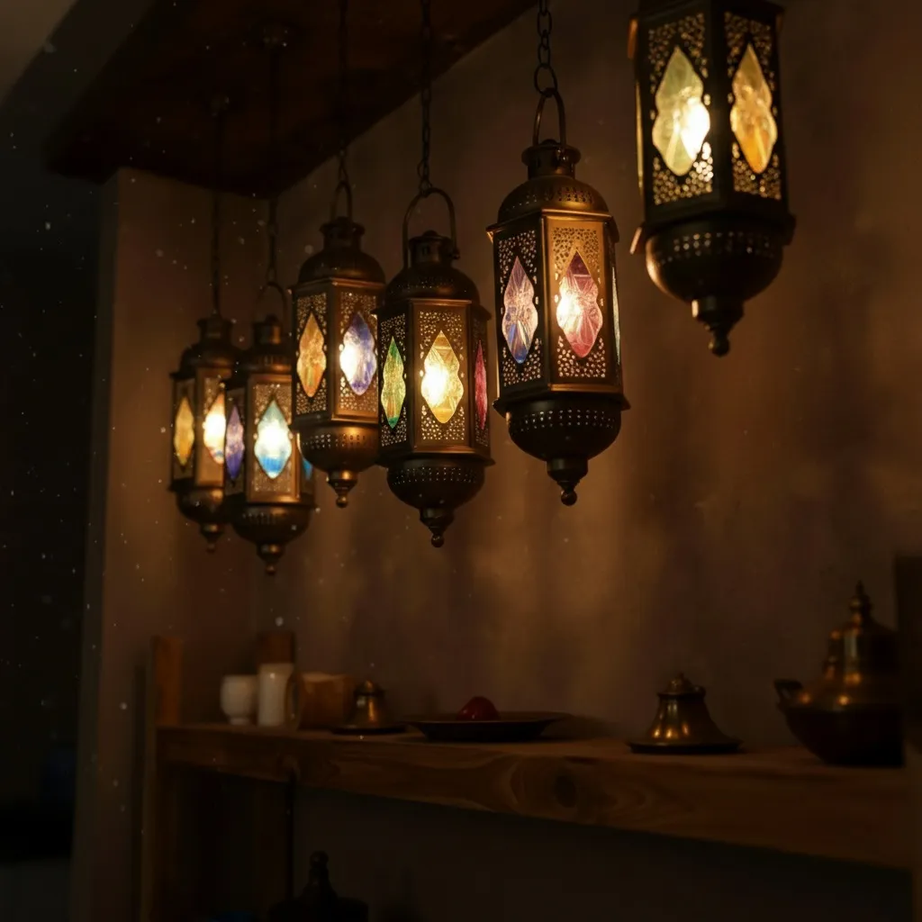 "A collection of intricate Moroccan metal lanterns casting dramatic shadows, with small bottles of essential oils and dried mint in the foreground."