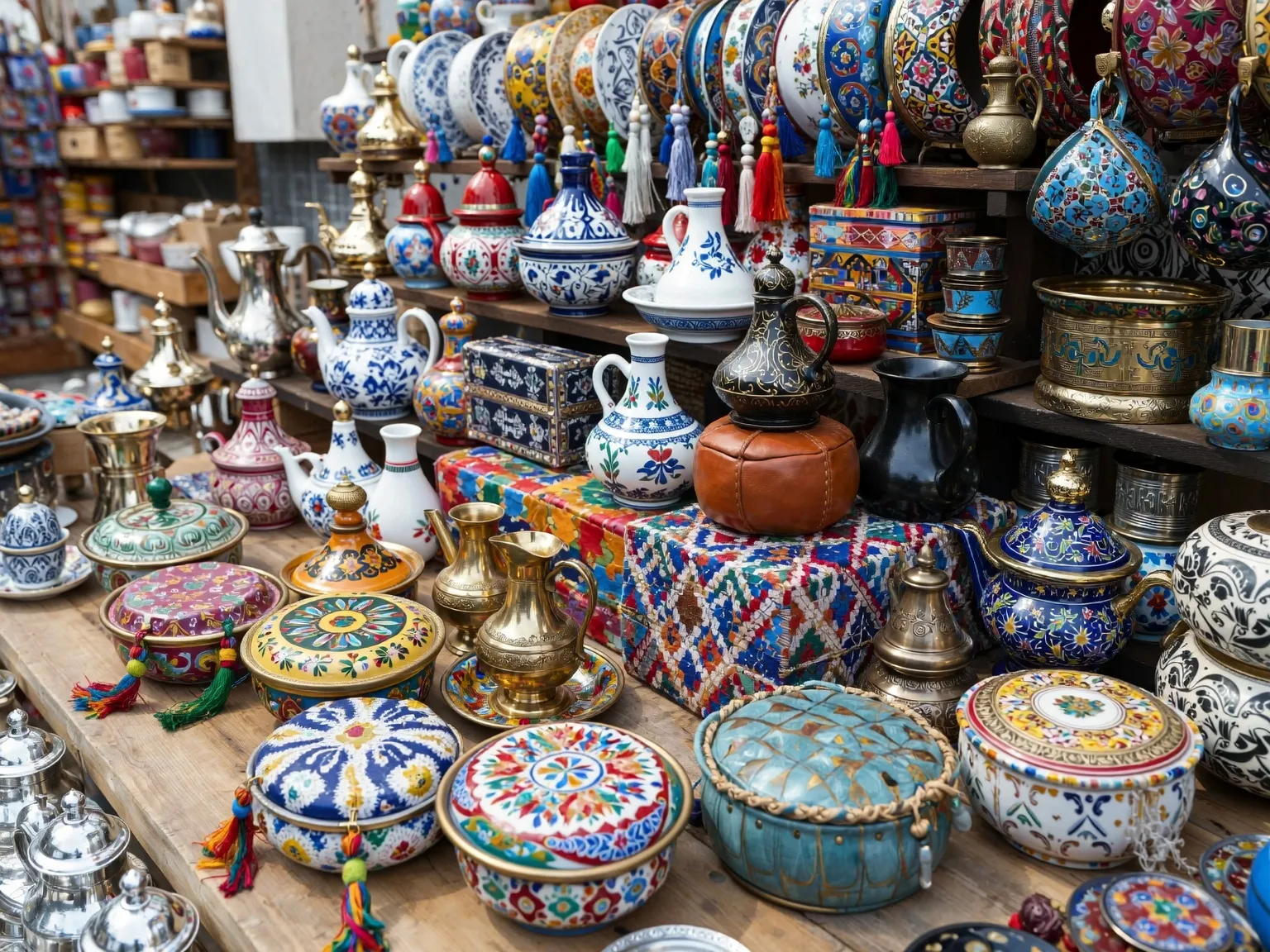 "A vibrant collage of the best Moroccan souvenirs, including Argan oil, a tagine, a Berber silver bracelet, and a cactus silk scarf, representing the rich shopping culture of the Moroccan souk."