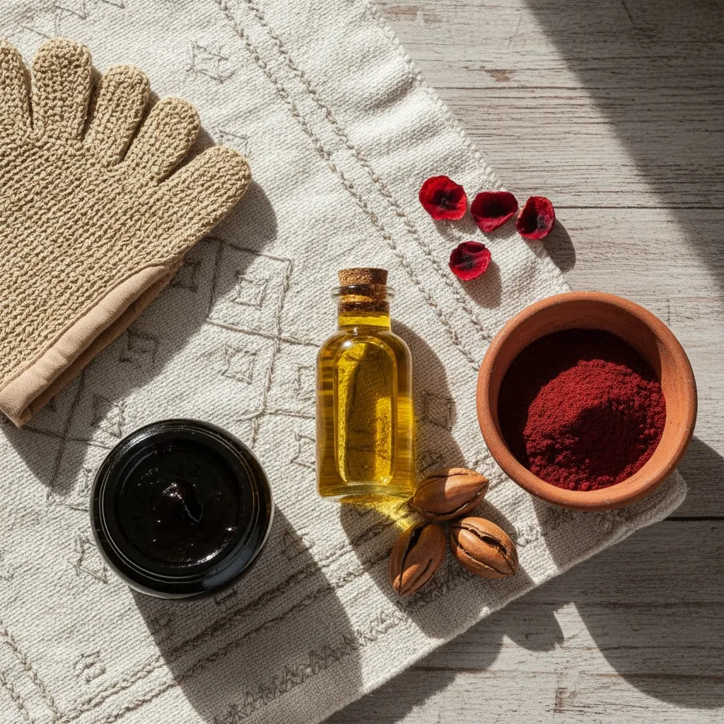 "A flat lay of Moroccan beauty essentials including Argan oil, Aker Fassi lipstick, and black soap, on a textured background."