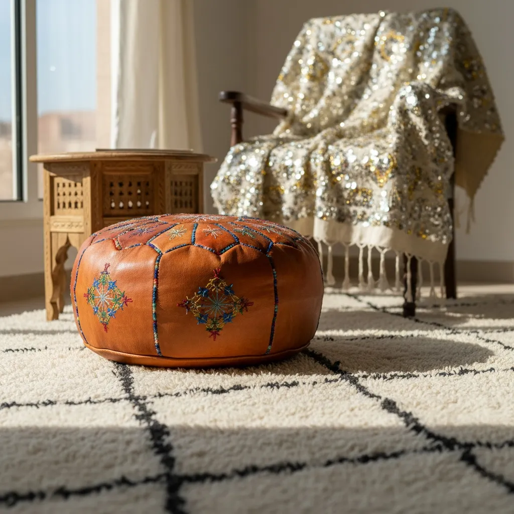"A living room setting featuring a Beni Ourain Moroccan rug, a leather pouf, and a sequined Handira wedding blanket, highlighting Moroccan textile craftsmanship." 