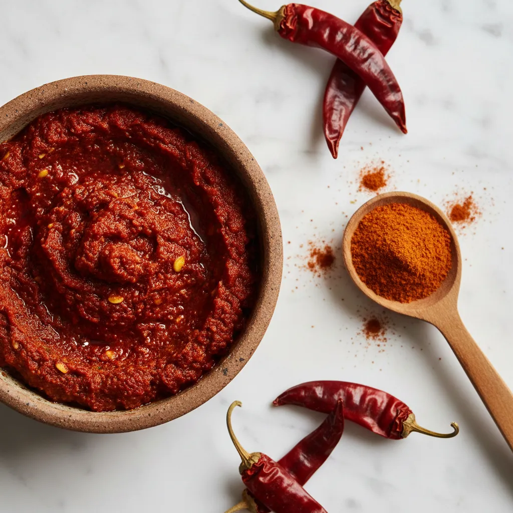 Harissa-Spiced White Bean & Goat Cheese Bake: Irresistible 2 Close-up of rich red Harissa paste in a white ceramic bowl next to ground cumin and paprika, symbolizing the North African spice blend that flavors the white bean bake.