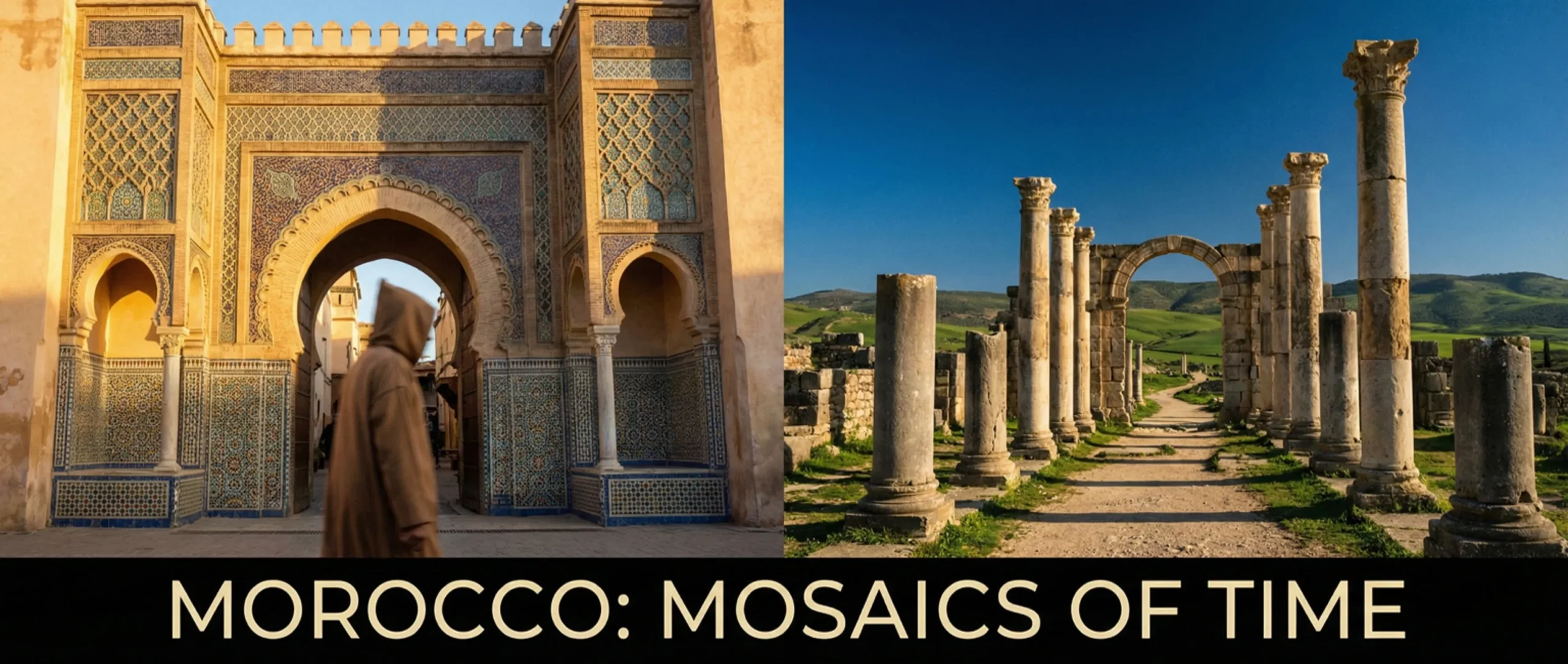 UNESCO World Heritage Sites in Morocco: Best & Magical 2 A split-screen view contrasting the intricate Islamic tile architecture of the Fez Medina with the ancient Roman ruins of Volubilis, representing the diverse UNESCO World Heritage Sites in Morocco.