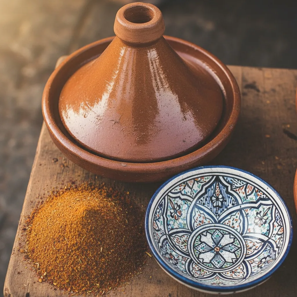 "A close-up shot of a clay tagine pot, a pile of Ras El Hanout spice blend, and a blue and white Fes ceramic bowl, representing cullinary  Morocco Souvenirs"