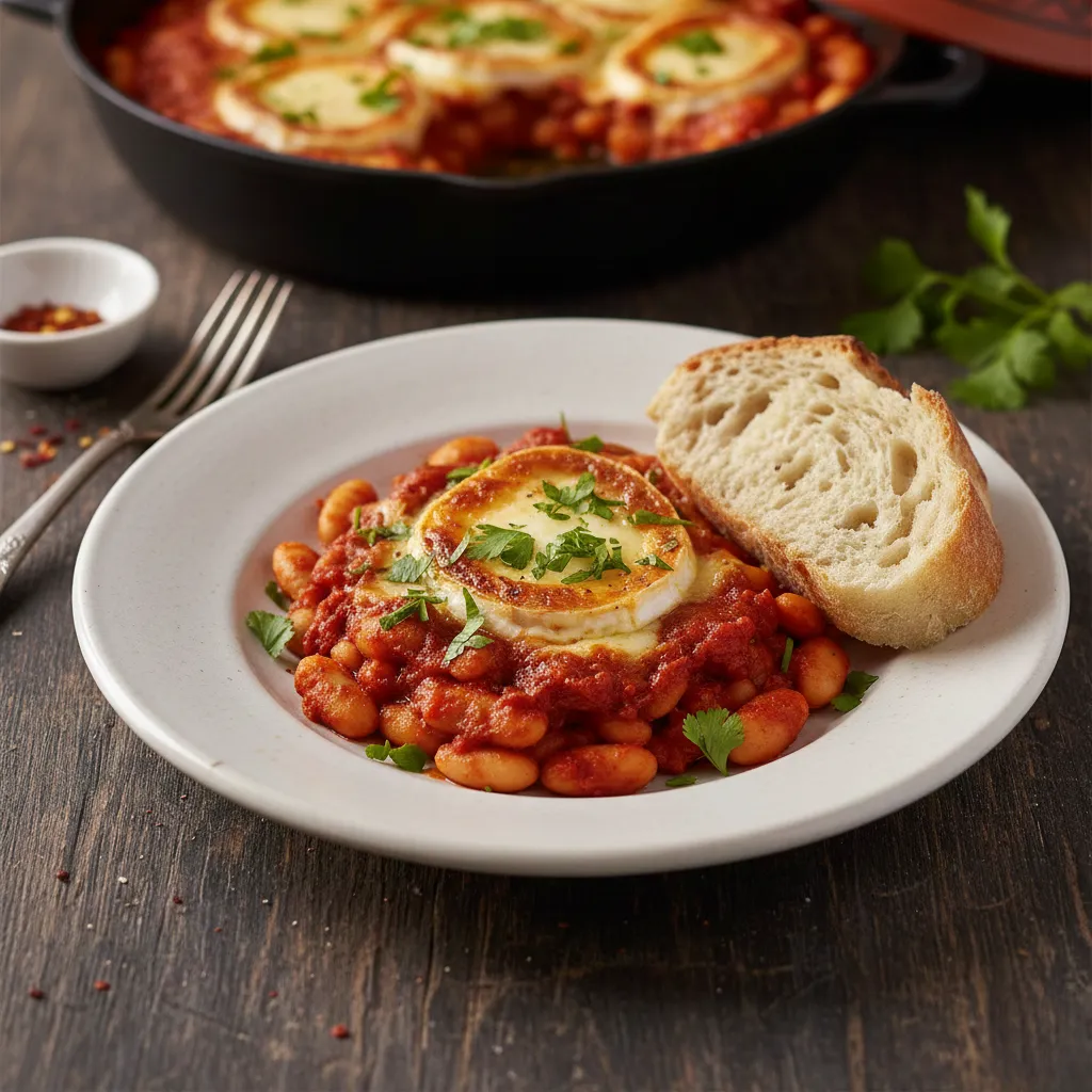 Harissa-Spiced White Bean & Goat Cheese Bake: Irresistible 3 Overhead view of a bubbling Harissa-Spiced White Bean and Goat Cheese Bake in a cast iron skillet, topped with melted golden goat cheese and fresh herbs, ready to be served.