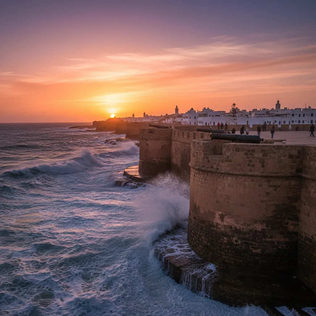 UNESCO World Heritage Sites in Morocco: Best & Magical 4 Sunset view of the historic fortified ramparts and cannons of Essaouira's UNESCO-listed medina facing the Atlantic Ocean waves.