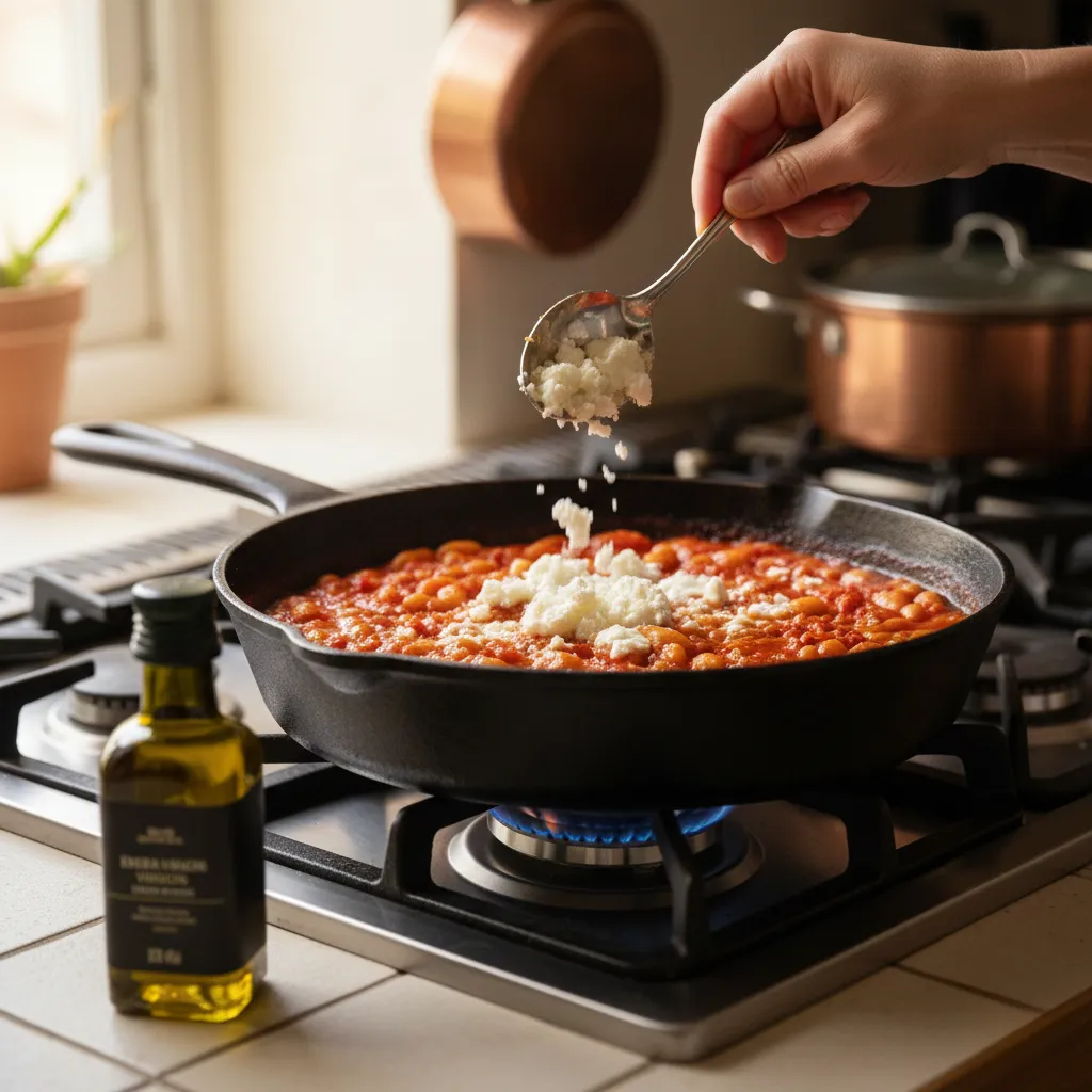 Harissa-Spiced White Bean & Goat Cheese Bake: Irresistible 4 Crumbled goat cheese being sprinkled over a simmering skillet of Harissa-spiced white beans and tomato sauce, ready for baking.