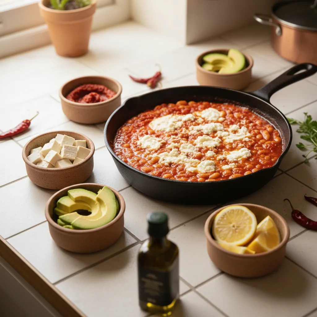Harissa-Spiced White Bean & Goat Cheese Bake: Irresistible 5 Various topping ingredients for the white bean bake arranged in small bowls, including vegan tofu, extra harissa paste, and avocado, showcasing recipe customization options.