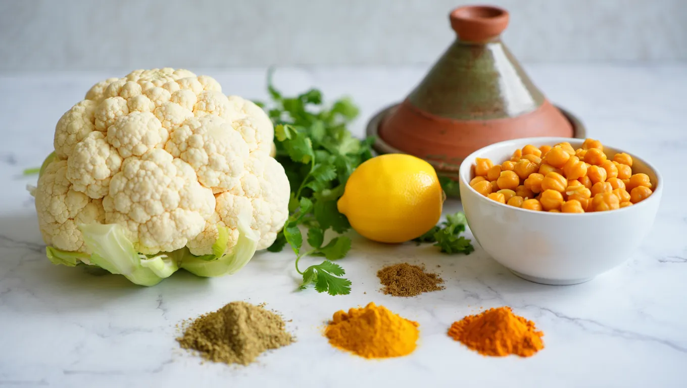 A flat lay of fresh ingredients including cauliflower, chickpeas, lemon, and bowls of warm spices, representing the components for a vibrant Lemon Cauliflower and Chickpeas Tagine.