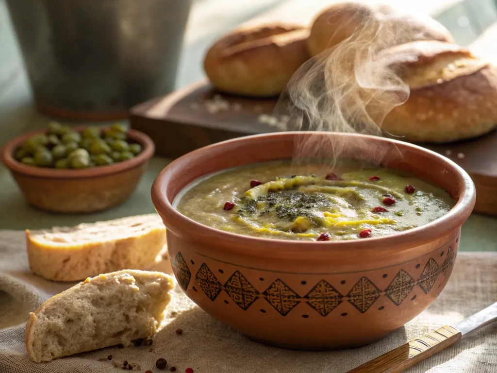 ceramic bowl of steaming besara fava bean soup w www.moroccaneats.com