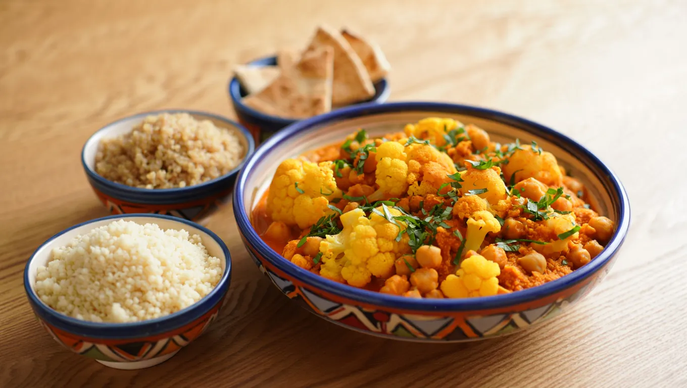 A serving bowl of Lemon Cauliflower and Chickpeas Tagine surrounded by side dishes: fluffy couscous, quinoa, and warm pita bread, showing various serving suggestions.