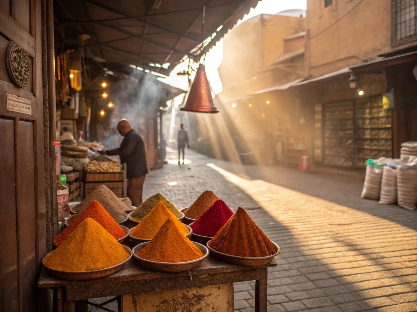 UNESCO World Heritage Sites in Morocco: Best & Magical 3 Vibrant spice piles in the foreground of a bustling alleyway in the Medina of Marrakech, with sunlight filtering through the roof, representing the sensory experience of Moroccan Imperial Cities.