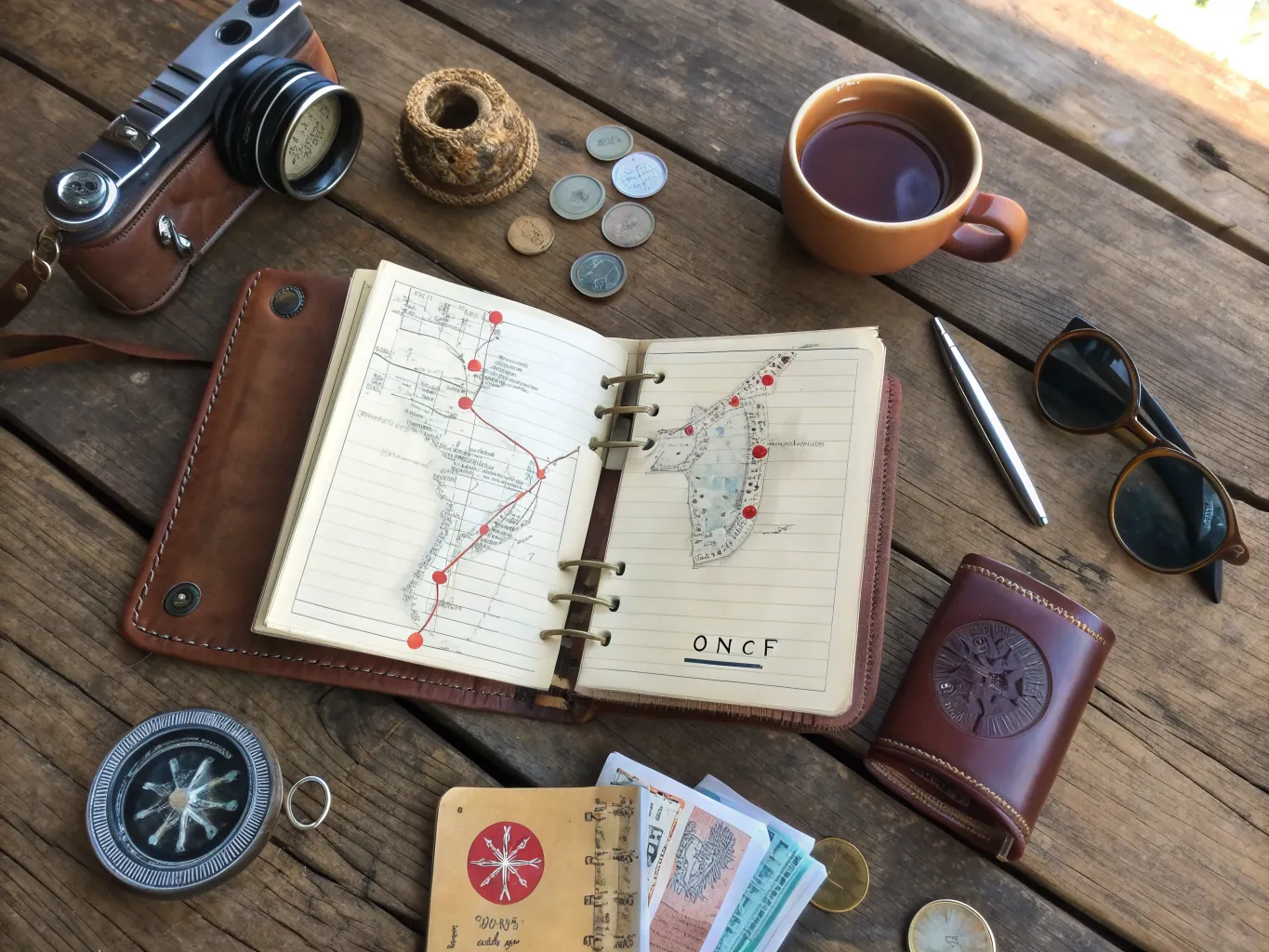 UNESCO World Heritage Sites in Morocco: Best & Magical 6 A flat lay composition featuring a travel journal, map, compass, and Moroccan items, symbolizing the planning of a trip to Morocco's UNESCO World Heritage sites.