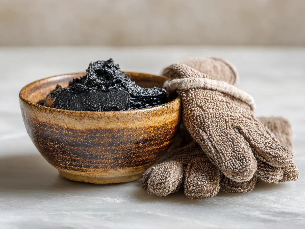 Glow with Amazing Moroccan Secrets You Can Try at Home 2 Studio shot of Moroccan Black Soap (Savon Beldi) in a ceramic bowl next to a textured Kessa glove, the two essential tools for a traditional at-home Hammam ritual and skin exfoliation.