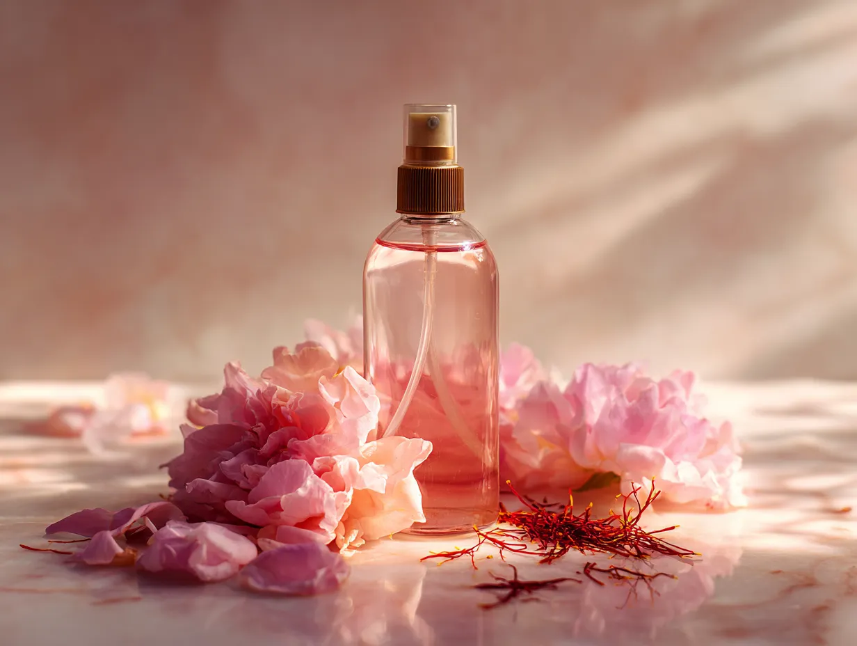 Glow with Amazing Moroccan Secrets You Can Try at Home 5 Still life featuring a spray bottle of Pure Rose Water and strands of Saffron, symbolizing the aromatic and toning final steps of traditional Moroccan beauty secrets for a radiant glow.