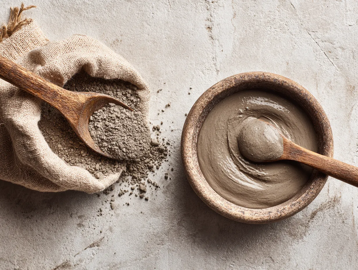 Glow with Amazing Moroccan Secrets You Can Try at Home 4 Ghassoul Clay (Rhassoul Clay) powder being scooped from a sack next to a prepared clay mask paste, illustrating the process of mixing this detoxifying Moroccan beauty secret.