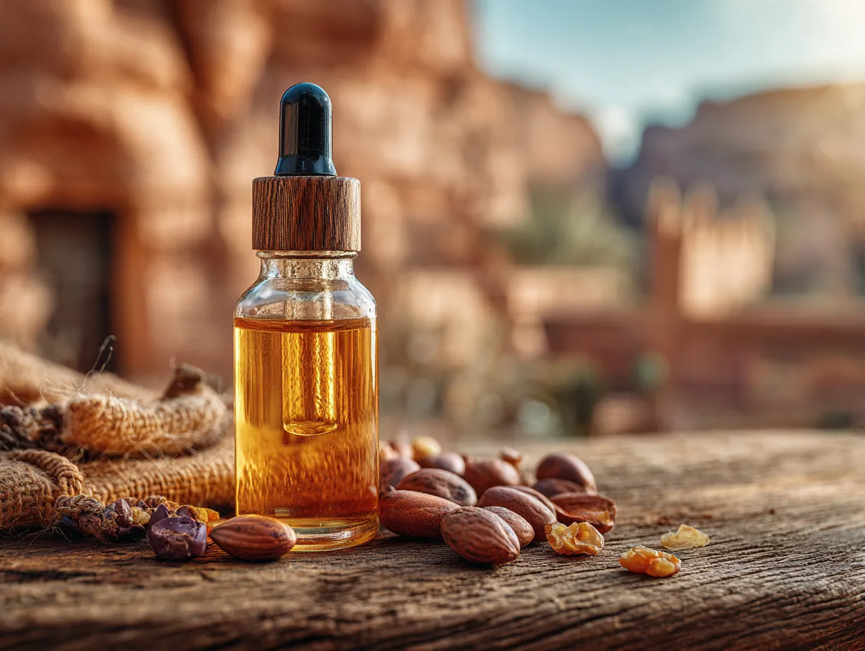 Glow with Amazing Moroccan Secrets You Can Try at Home 3 A close-up of a dropper bottle containing golden Argan Oil, placed on wood next to argan nuts, symbolizing the natural source of this "Liquid Gold" beauty secret from the Atlas Mountains.