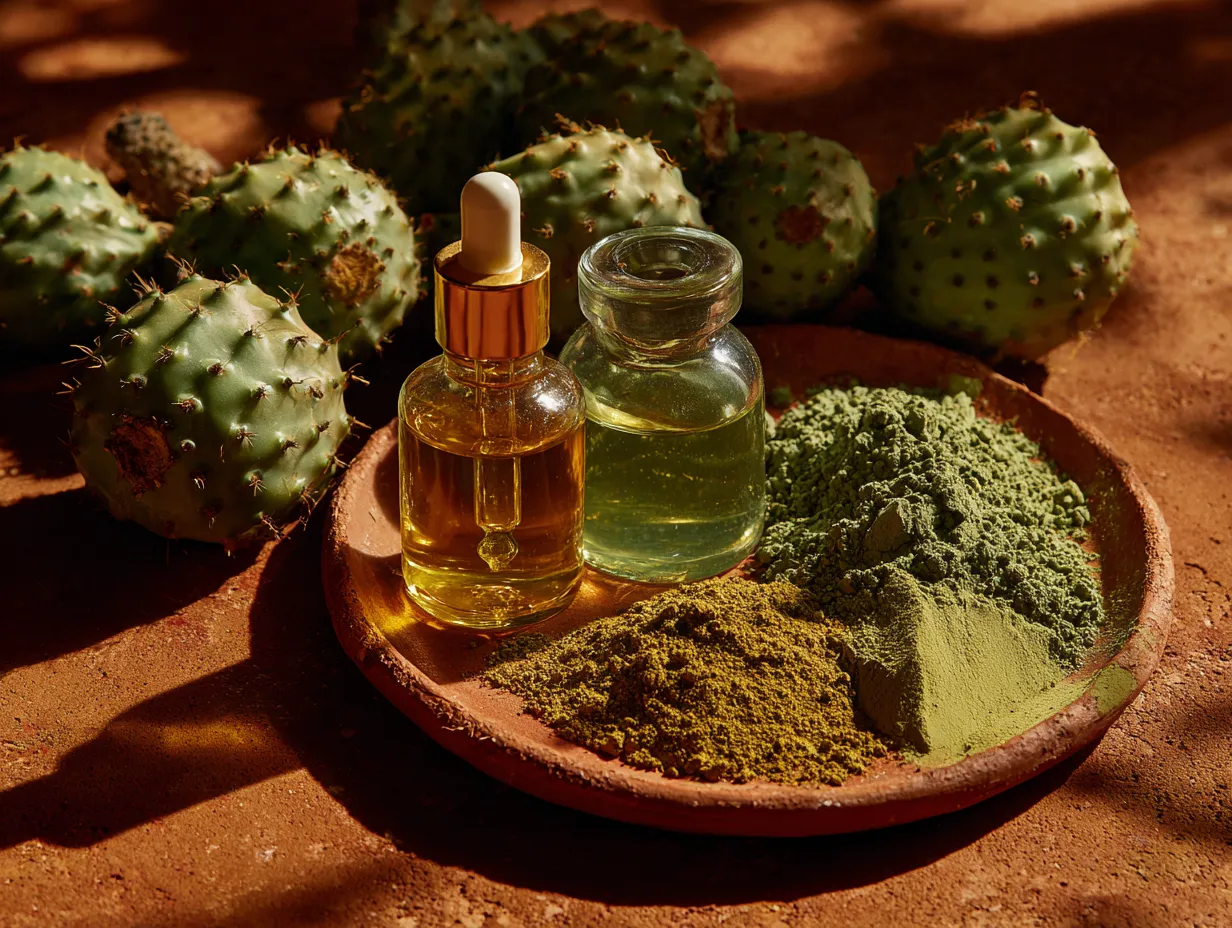 Glow with Amazing Moroccan Secrets You Can Try at Home 6 Two dropper bottles containing Argan Oil and Prickly Pear Seed Oil, alongside prickly pear fruit and Henna powder, illustrating the bonus, powerful natural ingredients in Moroccan beauty secrets.