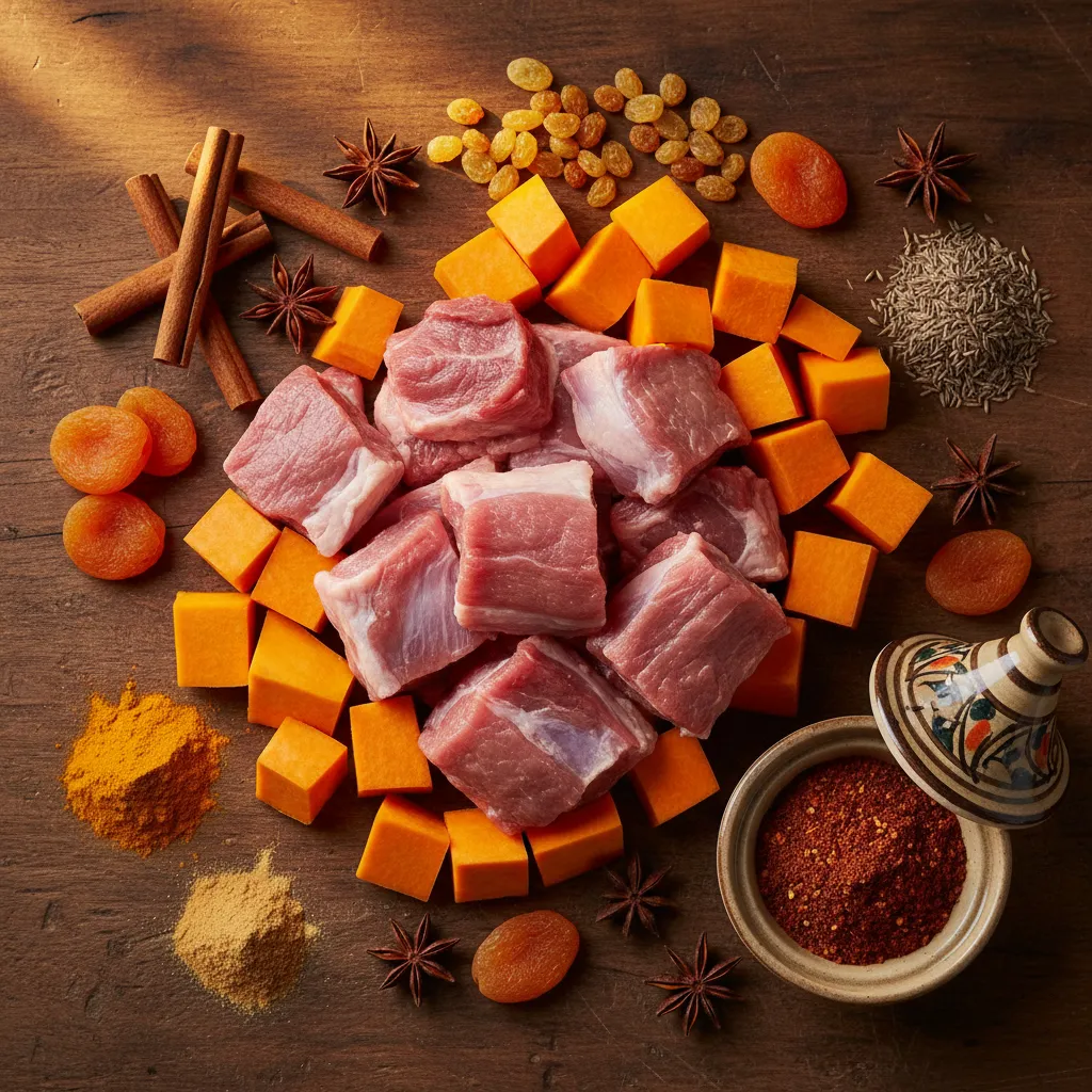 A flat lay of ingredients for pumpkin sweet lamb couscous, featuring raw lamb shoulder, orange pumpkin cubes, dried apricots, raisins, and various spices including cinnamon sticks and a bowl of Ras el Hanout, on a rustic wooden background.