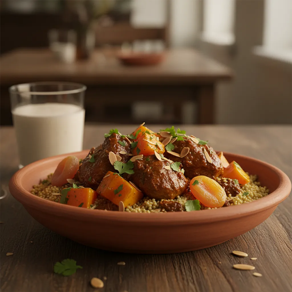 A perfectly garnished serving of pumpkin sweet lamb couscous with fresh herbs and toasted almonds, accompanied by a glass of red wine, highlighting its appeal as a delicious meal.