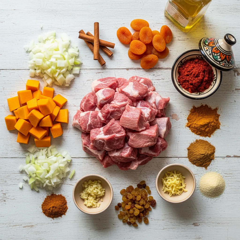 A detailed flat lay of all the raw ingredients for Pumpkin Sweet Lamb Couscous, including cubed lamb, pumpkin, various spices like Ras el Hanout, dried fruits, and couscous, arranged on a light wooden background.