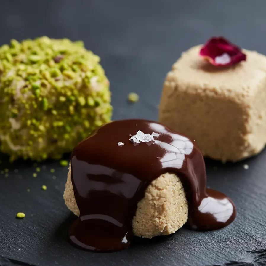 Three customized vegan halva bites: one with pistachio crust, one with dark chocolate coating, and one with a rose petal garnish.