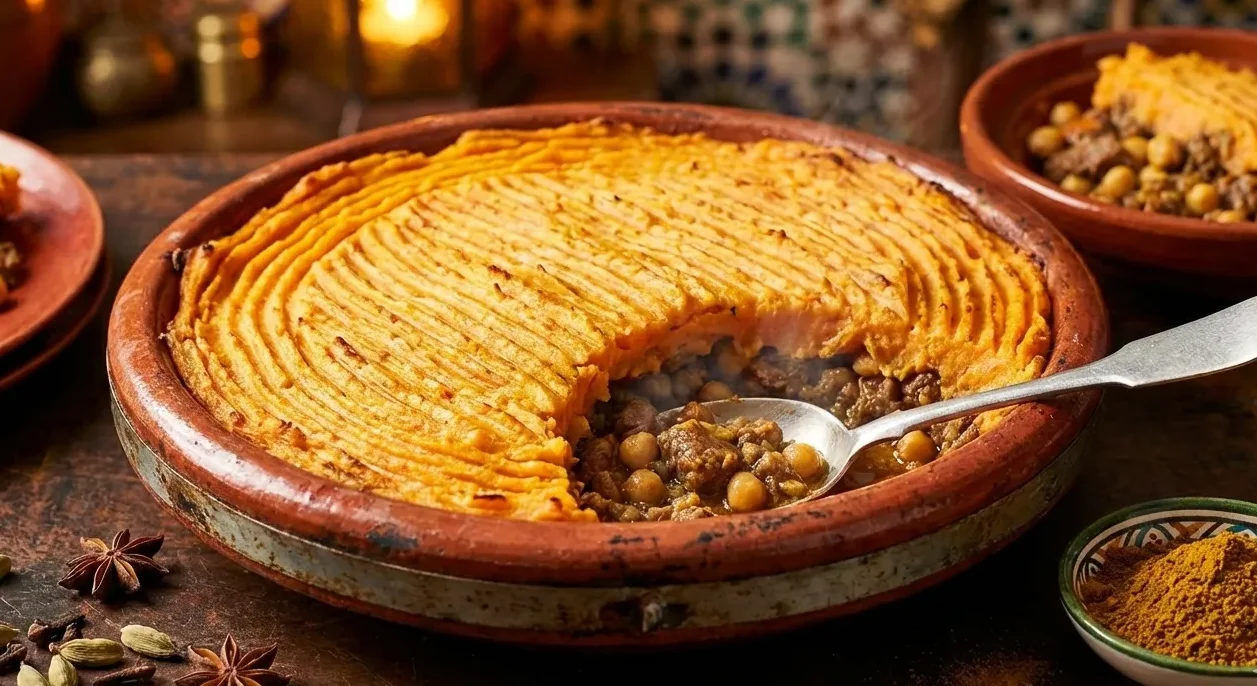 Lamb and Chickpea Moroccan Shepherd’s Pie with Ras el Hanout 3 A rustic, warm, and inviting shot of a freshly baked Moroccan Shepherd's Pie. The pie should be in a distressed terracotta or ceramic baking dish, with a golden, slightly ridged sweet potato topping. A generous spoonful has been taken out, revealing the rich, dark, and chunky lamb and chickpea filling infused with spices. Focus on steam gently rising from the exposed filling. Around the pie, artfully scattered whole spices like star anise, cinnamon sticks, and green cardamom pods, along with a small bowl of Ras el Hanout blend, suggest the aromatic ingredients. The background should be slightly blurred with warm, ambient kitchen lighting, perhaps with a subtle hint of a patterned Moroccan tile or textile. The overall mood should be cozy and delectable, highlighting the "Spiced Comfort" aspect.