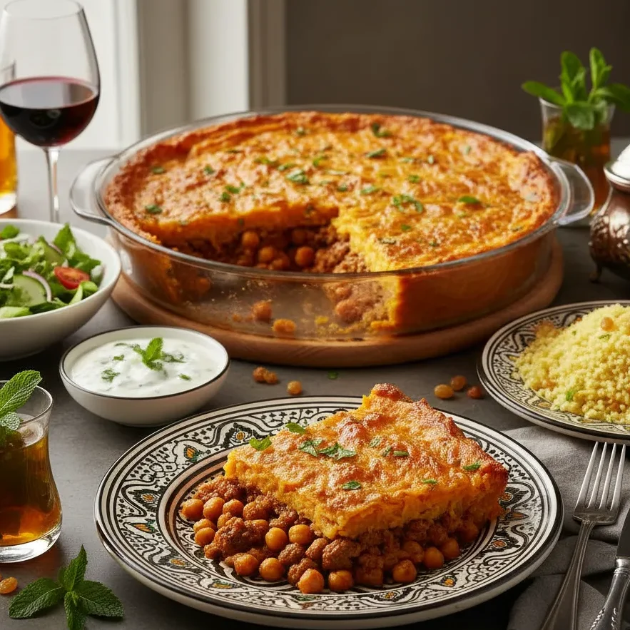 Lamb and Chickpea Moroccan Shepherd’s Pie with Ras el Hanout 7 A slice of Spiced Moroccan Shepherd's Pie served on a ceramic plate with a side of mint tea and fresh salad, depicting a cozy dinner setting.