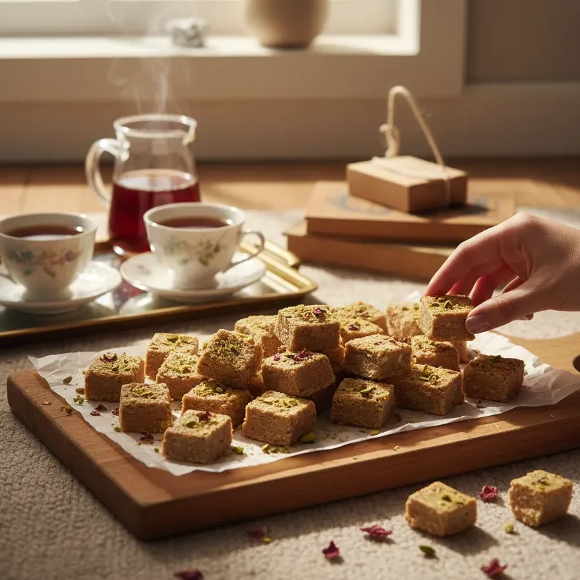 Vegan rosewater halva bites served on a plate next to a glass of mint tea, suggesting a perfect serving pairing.