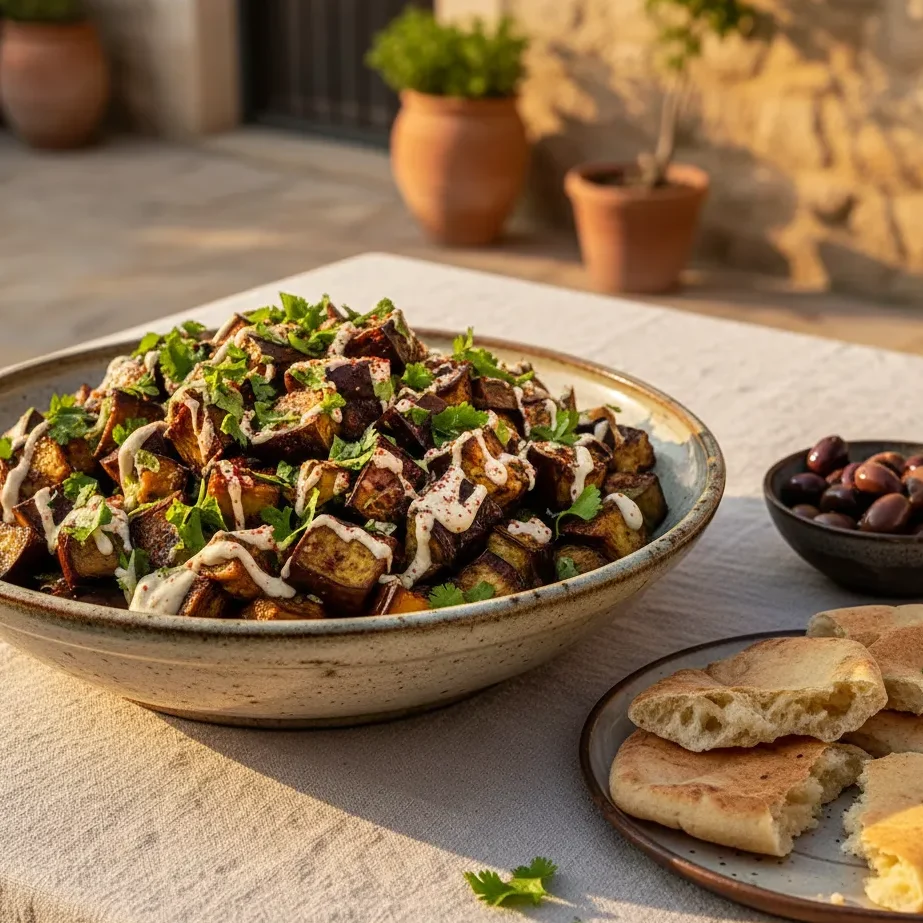 A completed Moroccan roasted eggplant salad with tahini drizzle served with warm pita bread on a Mediterranean-style table setting.