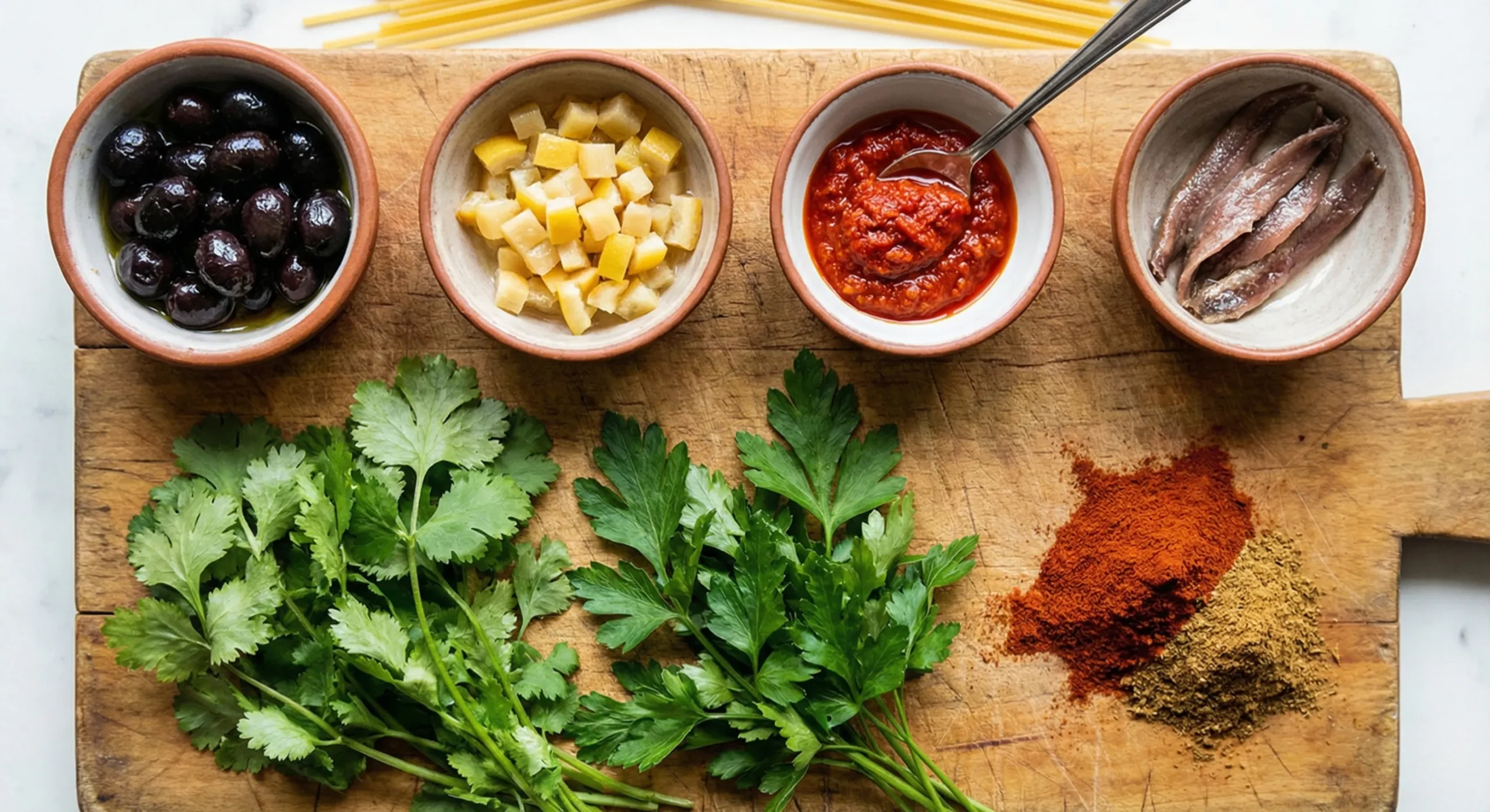 Moroccan Puttanesca: Spaghetti with Anchovies, Olives, and Harissa 3 A beautiful flat lay image showing the essential ingredients for Moroccan Puttanesca, including preserved lemon, harissa, Moroccan olives, and various spices.
