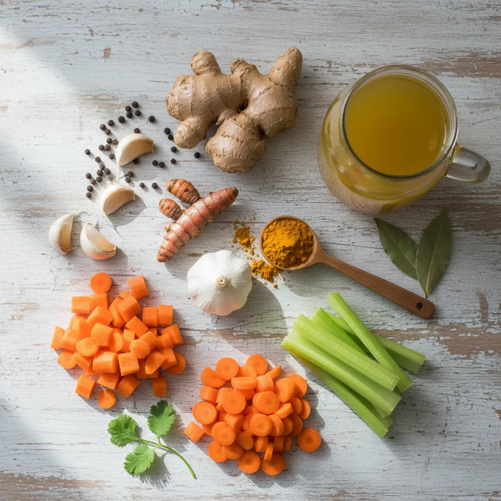 Turmeric Chicken Soup: The Ultimate Cozy Bowl 4 Flat lay of raw ingredients for Turmeric Chicken Soup, including fresh turmeric, ginger, garlic, and bone broth, highlighting the high quality of the components.