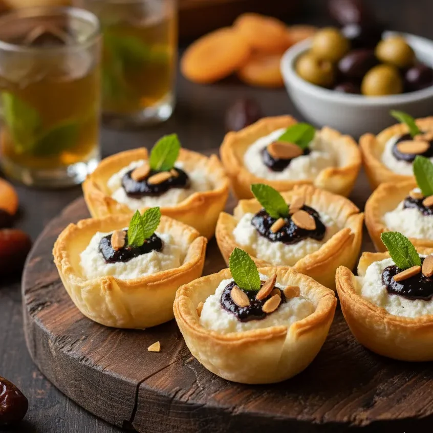 Mini Phyllo Cups with Goat Cheese and Fig Jam: Rare Delight 7 A Moroccan-inspired appetizer spread featuring phyllo cups with goat cheese and fig jam, surrounded by mint tea, olives, dried apricots, and dates.